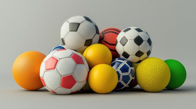 A Colorful Array of Various Sports Balls Including Soccer, Basketball, Tennis, and Decorative Balls on a Simple Gray Background for Creative Projects