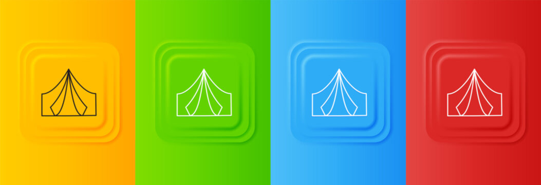 White Tourist tent icon isolated on colorful background. Camping symbol. Set icons in square buttons. Vector