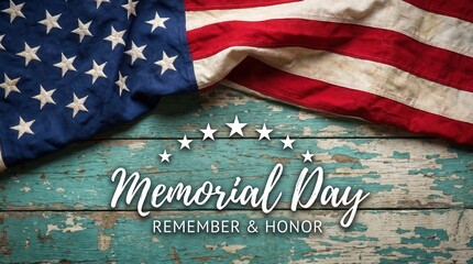 American flag draped over weathered teal wooden planks with memorial day text and stars remember honor