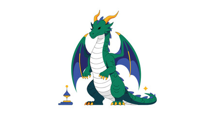 Fototapeta premium A friendly green dragon with vibrant blue wing membranes and golden horns stands upright on a clean, white surface near a small mystical blue object.