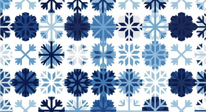 A geometric pattern of repeating blue snowflakes on a white background