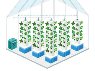 Fototapeta premium Isometric smart agriculture illustration depicting a vertical hydroponic farm with a state-of-the-art watering system