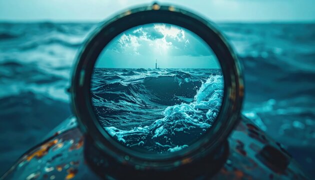 View of a sailboat through a periscope at sea.