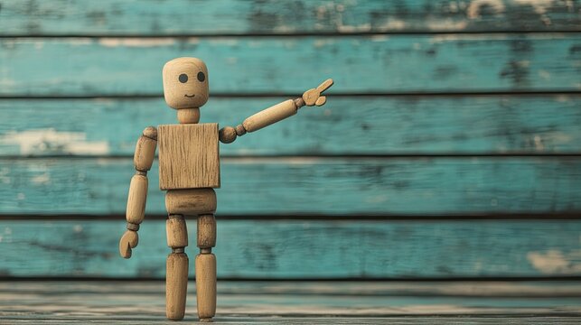 Wooden puppet figure pointing upwards against a rustic blue wooden background, symbolizing creativity, inspiration, and communication in artistic expression
