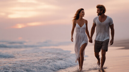 Fototapeta premium Romantic couple walking along a tranquil beach at sunset, holding hands, sharing a tender moment, embracing love, freedom, and vacation intimacy