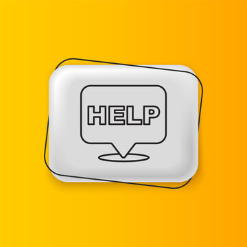 Black Speech bubble with text Help icon isolated on yellow background. Silver rectangle button. Vector