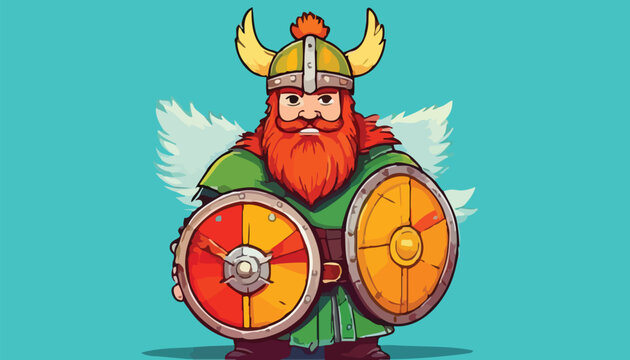 Cartoon Viking Warrior with Shields and Winged Helmet.