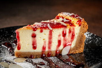 Creamy cheesecake slice with berry sauce and almond © zukamilov