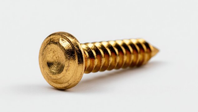 Close-up of a shiny golden screw with a rounded head and sharp threaded tip