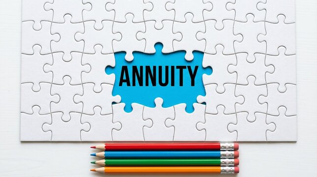 Annuity Word Concept on Jigsaw Puzzle Piece with Colorful Pencils, Financial Planning and Investment Strategy Business Illustration for Retirement Savings and Wealth Management Analysis