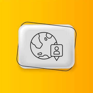 Black Location on the globe icon isolated on yellow background. World or Earth sign. Silver rectangle button. Vector