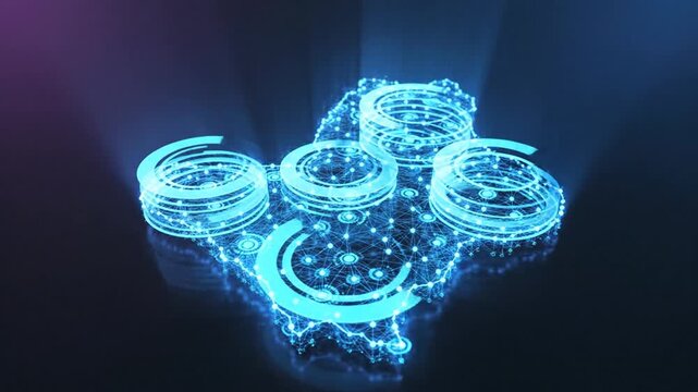 Abstract digital map with glowing data network visual representation