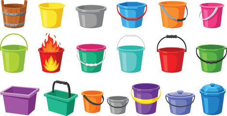 Collection of Various Buckets in Different Colors, Shapes, and Styles, Including Utility and Fire-Resistant Buckets © NURUL