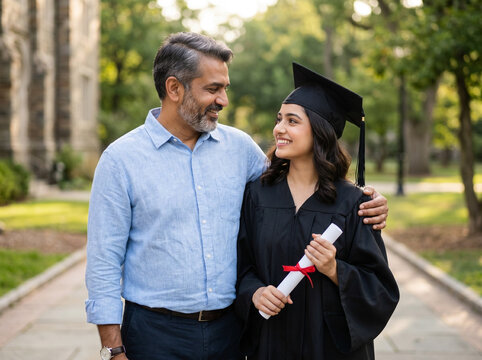 young graduate holding diploma with father showing pride and happiness representing academic achievement family support and future success concept