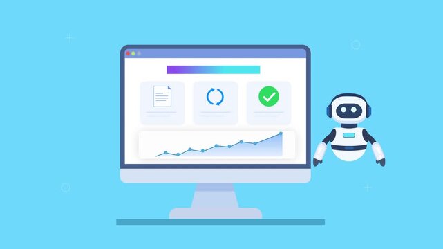 Friendly robot assistant interacting with automated dashboard featuring document loading, file processing state, analytics charts, and progress indicators in smooth animation, representing active work