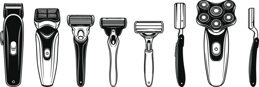 Collection of Various Grooming Tools Including Clippers, Razors, and Scrapers for Personal Care and Shaving