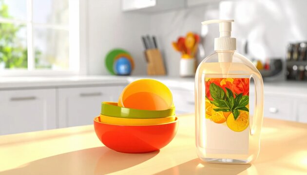 Clear bottle of fruit scented dish soap standing on kitchen counter with colorful bowls, cleaning supplies, domestic chores and household hygiene