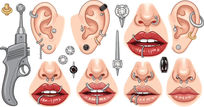 Collection of Piercing Jewelry Designs Including Ear, Nose, and Lip Piercings with Various Studs, Rings, and Tools