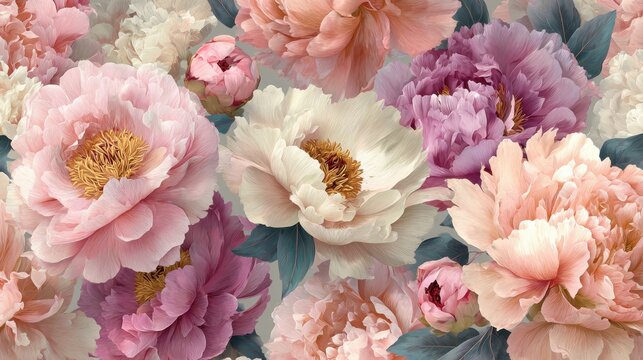 Peonies in Bloom: A close-up view unveils a luxurious floral arrangement, with a plethora of vibrant peonies, each petal a testament to the beauty and intricacy of nature.