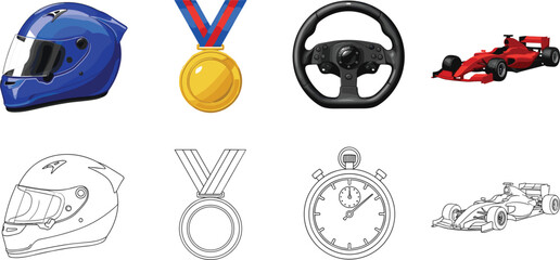 Fototapeta premium Collection of Racing and Motorsport Icons Including Helmet, Medal, Steering Wheel, Stopwatch, and Formula 1 Car