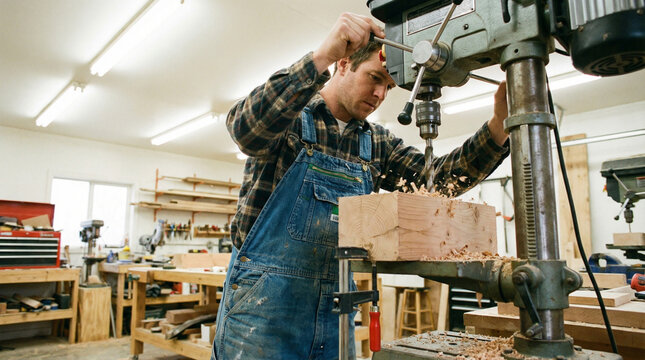 Craftsman Operating Drill Press in Workshop Creating Woodworking Project