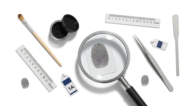 Forensic investigation tools and fingerprint evidence on white background