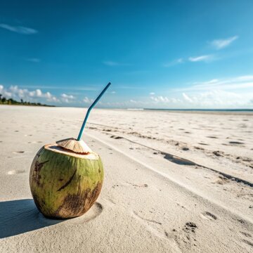 Refreshing Coconut Drink on White Sandy Beach Under Clear Blue Sky with Gentle Waves
