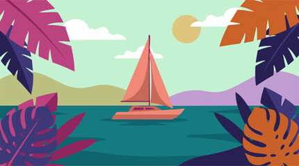 Naklejka premium Tropical landscape with sailboat and exotic leaves on serene water