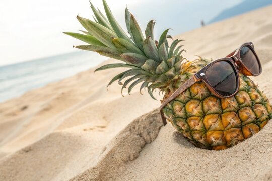 Pineapple with Sunglasses on a Sandy Beach During a Sunny Day by the Ocean