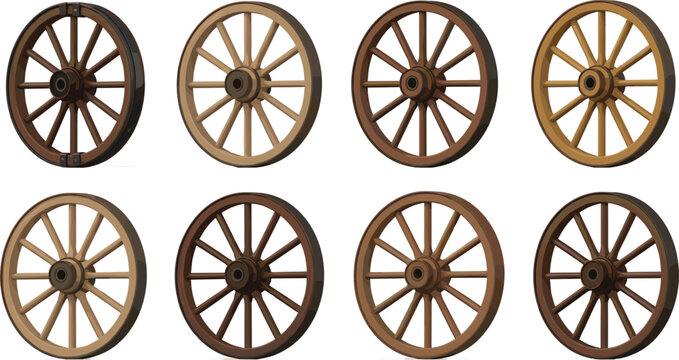 Set of antique wooden wagon wheels with spokes and rim isolated on white background for rustic western farmhouse and vintage carriage design projects