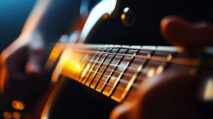 Fototapeta premium Close-Up of Guitar Strings and Hand Playing Electric Guitar in Soft Light Highlighting Details of Musical Instrument with Warm Tones and Artistic Focus