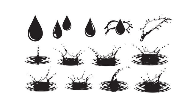 Water drop and splash silhouettes collection featuring ripple effects and liquid motion shapes for cleaning and nature design.