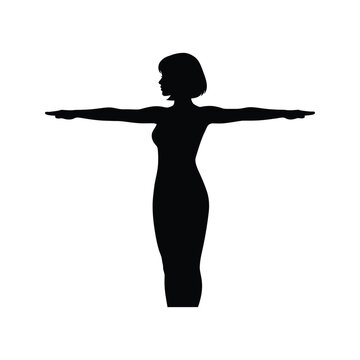 Woman silhouette in t-pose, female figure with arms outstretched, isolated on white background.