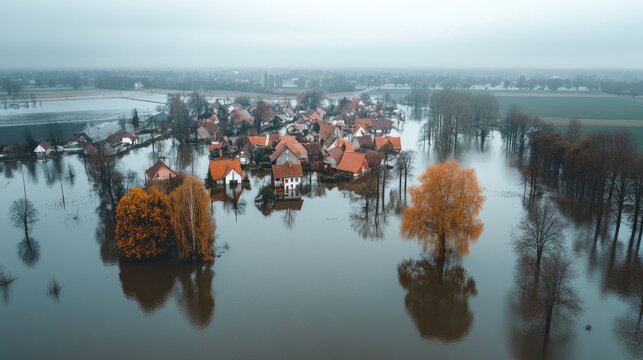 Aerial View of Flooded Village Surrounded by Water with Submerged Houses and Trees Under Overcast Sky near Grazing Fields