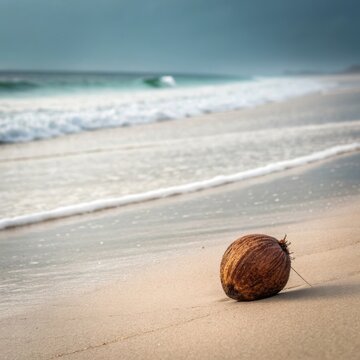 Coconut Shell on Serene Beach with Gentle Waves and Soft Sand Under a Clear Sky