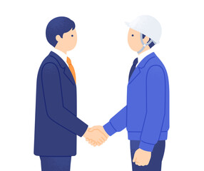Fototapeta premium スーツ姿のビジネスマンと現場作業員が握手するイラスト 協力関係を表す横顔の人物素材