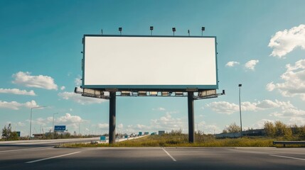 Fototapeta premium Empty Billboard on a Highway Surrounded by Green Grass and Blue Sky Under Bright Sunlight with Sparse Cloud Cover in an Urban Landscape