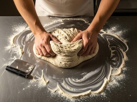 Chef Kneading Dough Artisan Bread Making Process on Metal Surface, Baking