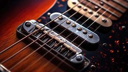 Fototapeta premium Close-Up View of Electric Guitar Bridge and Strings with Detailed Focus on Chrome Hardware, Wood Grain, and Artwork Enhancements for Music Enthusiasts, Musicians, and Instrument Lovers