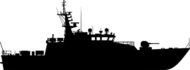 Obraz premium Coastal patrol boat silhouette highlighting sleek bridge design and aft equipment deck