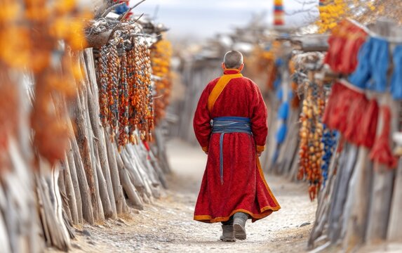 Man in Traditional Mongolian Deel Walking Through Narrow Settlement Path