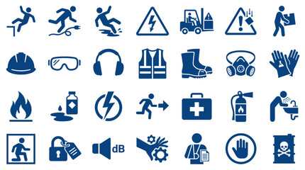 Fototapeta premium Collection of safety signs and symbols for workplace hazard prevention and personal protection equipment icons