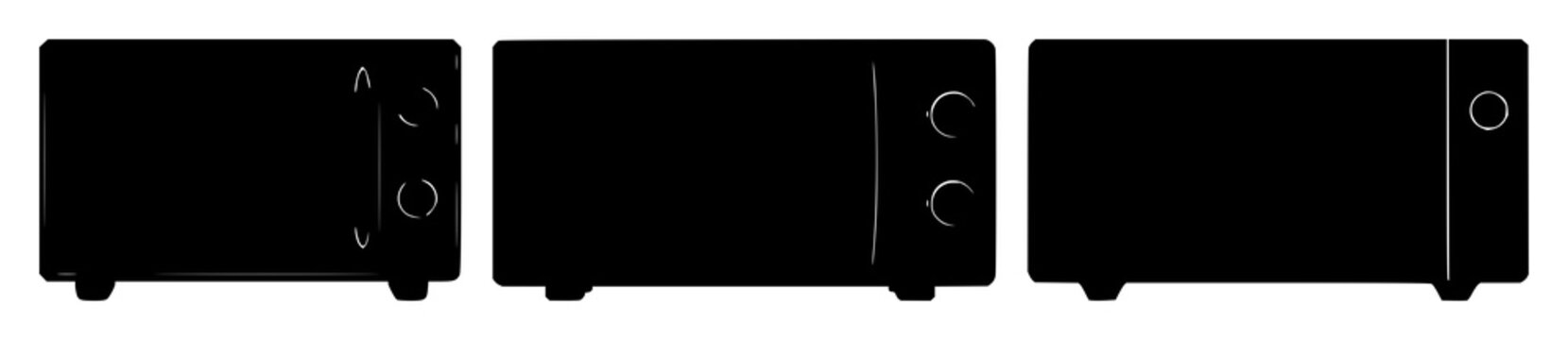 Microwave set with black silhouette and white background featuring line art illustration, kitchen appliance, electronics with household and kitchenware