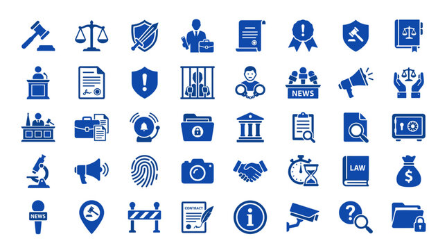 Collection of blue legal justice and law icons representing court proceedings evidence and legal services on white background