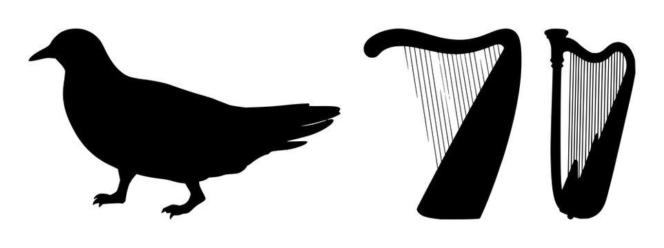 Harp set with black silhouette against white background featuring musical instrument, string instrument, Celtic art with shadow and monochrome