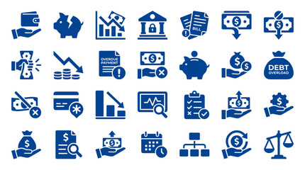 Naklejka premium Financial Icons Set Representing Business Growth Debt Management Savings And Investment Concepts With Blue Color Palette