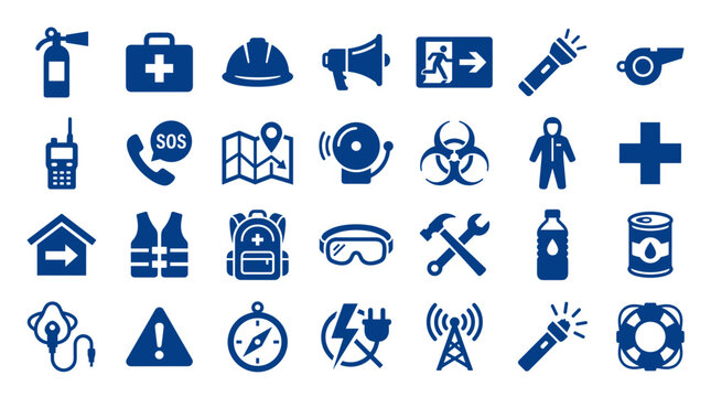 Collection of emergency preparedness and safety icons representing rescue equipment survival gear and warning symbols for disaster response and safety awareness
