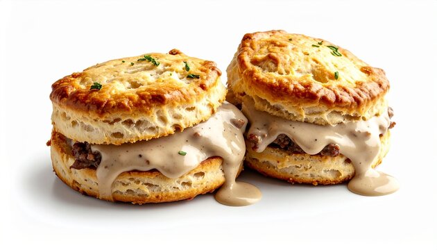 traditional southern breakfast biscuits covered in hot sausage gravy