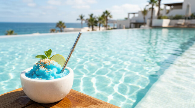 Blue frozen cocktail in a white stone bowl by an infinity pool overlooking the ocean