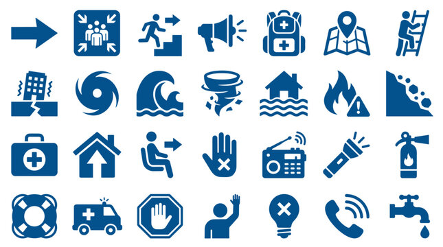 Collection of emergency and disaster icons representing safety measures, rescue, and essential services for crisis situations